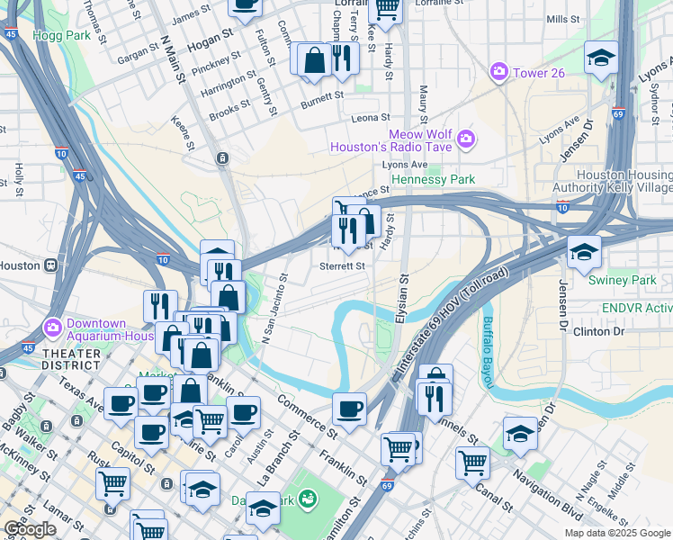 map of restaurants, bars, coffee shops, grocery stores, and more near 1377 Sterrett Street in Houston