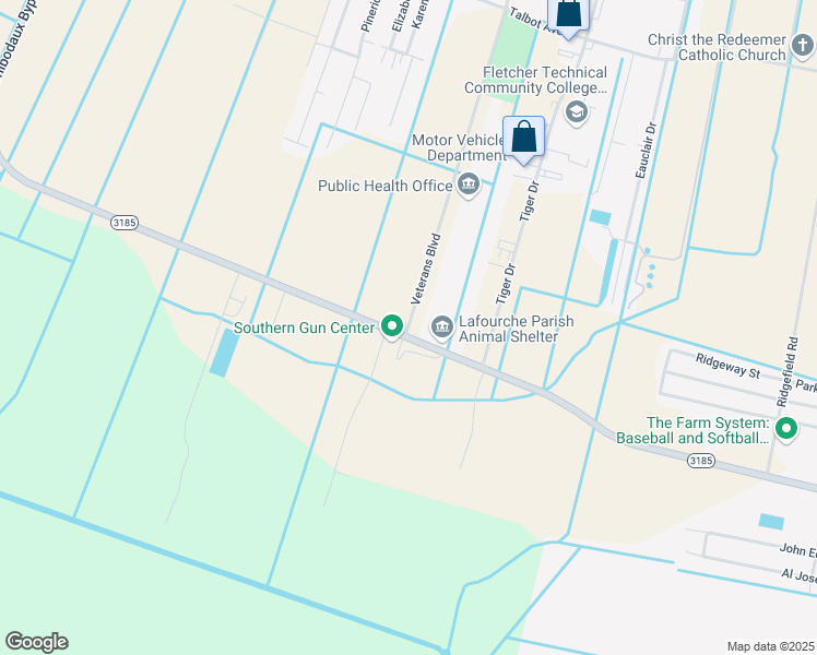 map of restaurants, bars, coffee shops, grocery stores, and more near 2594 Veterans Boulevard in Thibodaux