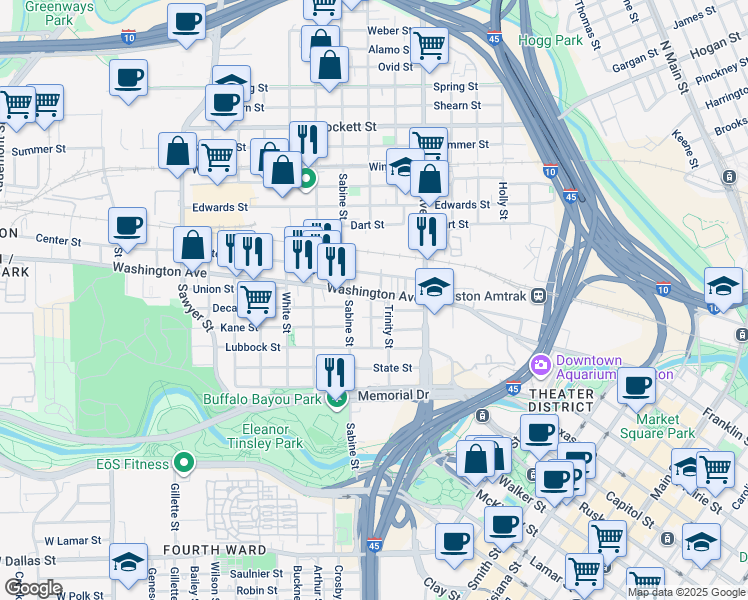map of restaurants, bars, coffee shops, grocery stores, and more near 1601 Washington Avenue in Houston