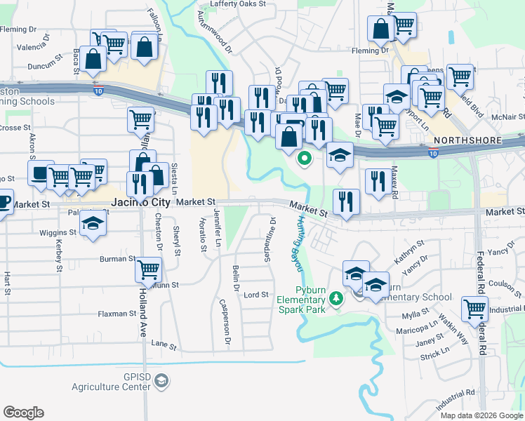 map of restaurants, bars, coffee shops, grocery stores, and more near 1309 Serpentine Drive in Houston