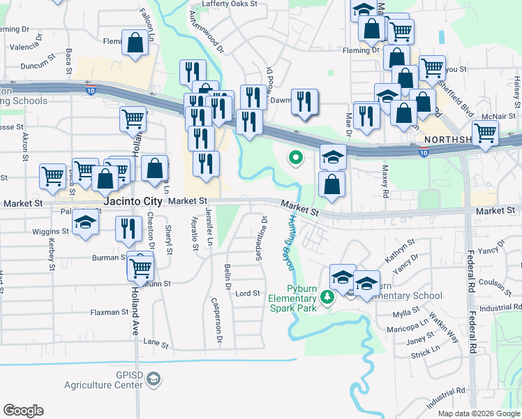 map of restaurants, bars, coffee shops, grocery stores, and more near 1309 Serpentine Drive in Houston