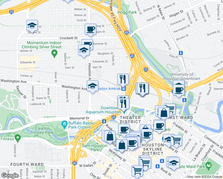 map of restaurants, bars, coffee shops, grocery stores, and more near 1110 Washington Ave in Houston