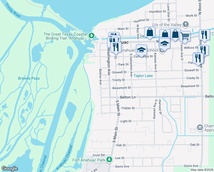 map of restaurants, bars, coffee shops, grocery stores, and more near 608 Washington Avenue in Anahuac