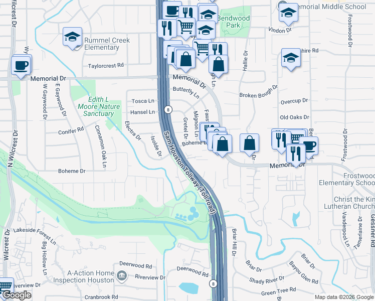 map of restaurants, bars, coffee shops, grocery stores, and more near 12805 Boheme Drive in Houston