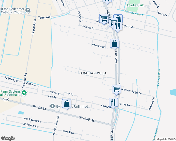 map of restaurants, bars, coffee shops, grocery stores, and more near 216 Gloria Street in Thibodaux