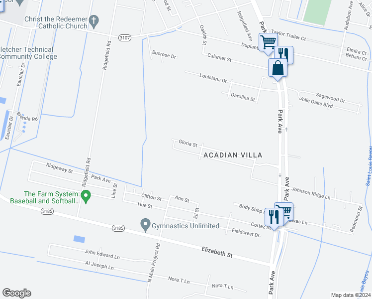 map of restaurants, bars, coffee shops, grocery stores, and more near 301-399 Gloria St in Thibodaux