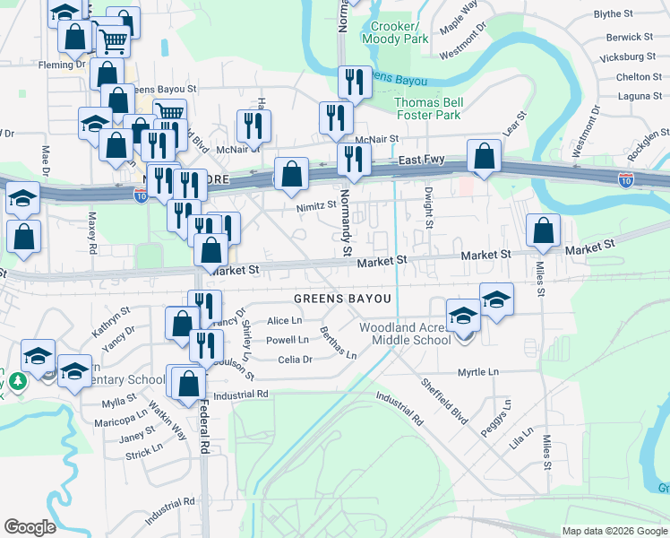 map of restaurants, bars, coffee shops, grocery stores, and more near 12778 Market Street in Houston