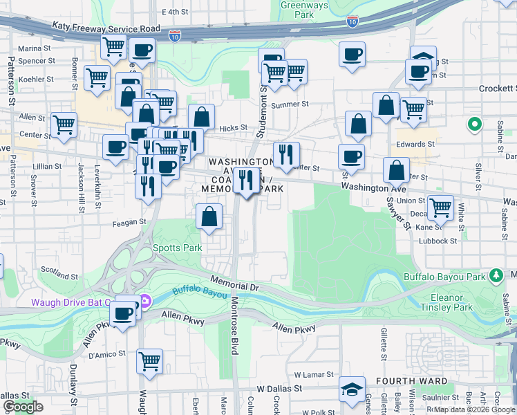map of restaurants, bars, coffee shops, grocery stores, and more near 802 Memorial Heights Drive in Houston