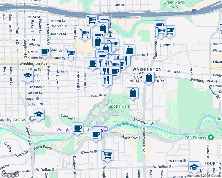 map of restaurants, bars, coffee shops, grocery stores, and more near 55 Waugh Drive in Houston