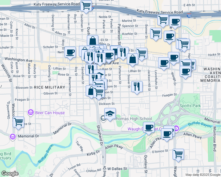 map of restaurants, bars, coffee shops, grocery stores, and more near 4601 Blossom Street in Houston
