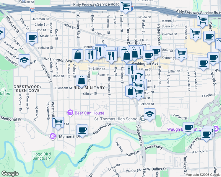 map of restaurants, bars, coffee shops, grocery stores, and more near 5200 Blossom Street in Houston