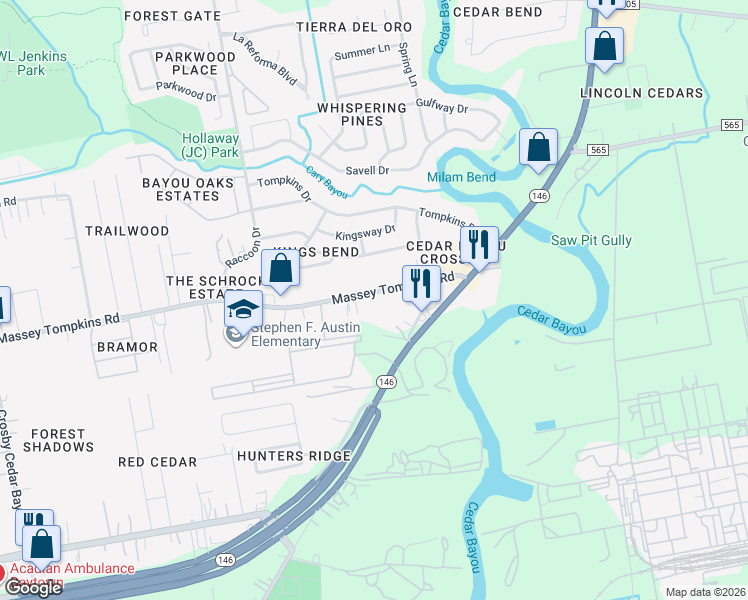 map of restaurants, bars, coffee shops, grocery stores, and more near 3610 Massey Tompkins Road in Baytown