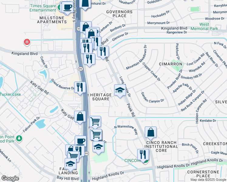 map of restaurants, bars, coffee shops, grocery stores, and more near 919 Cascade Ridge in Katy