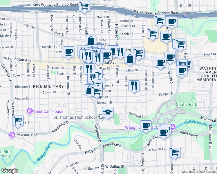map of restaurants, bars, coffee shops, grocery stores, and more near 4601 Blossom Street in Houston