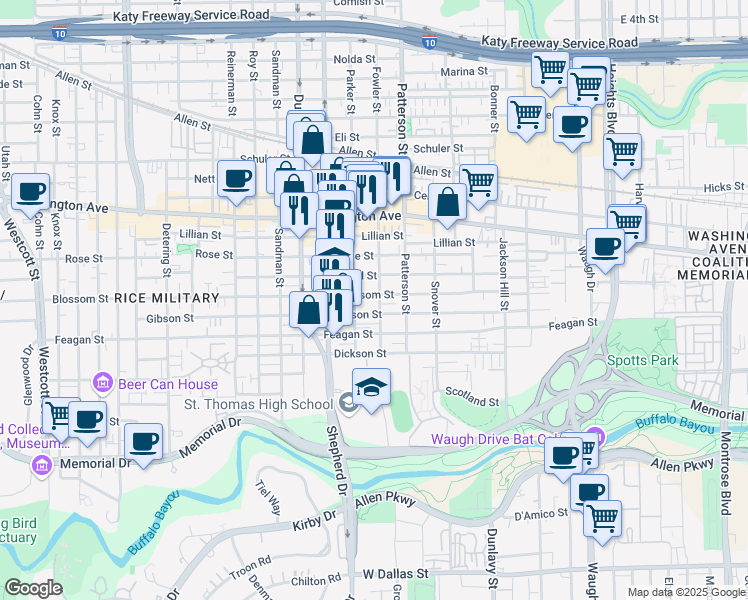 map of restaurants, bars, coffee shops, grocery stores, and more near 4601 Blossom Street in Houston