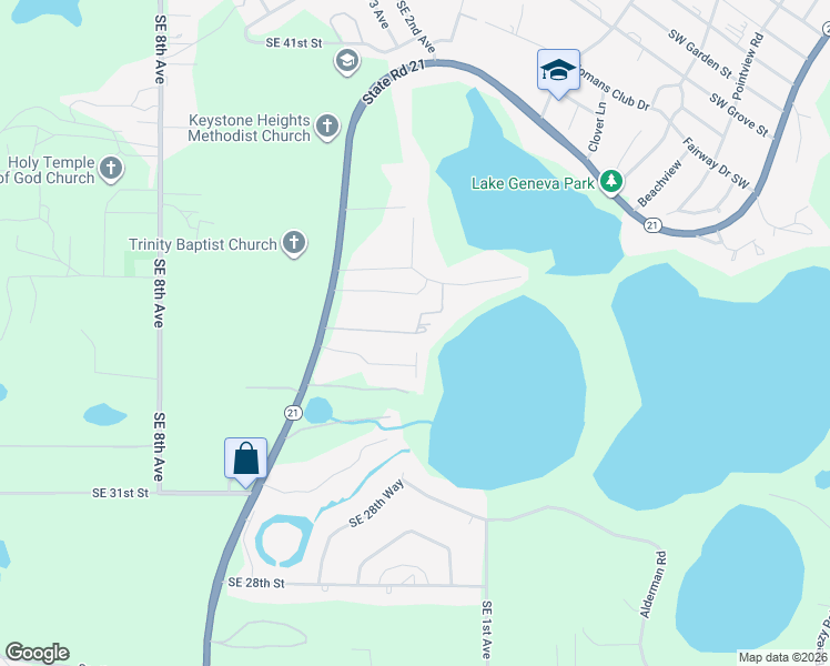 map of restaurants, bars, coffee shops, grocery stores, and more near 376 Southeast 34th Street in Keystone Heights