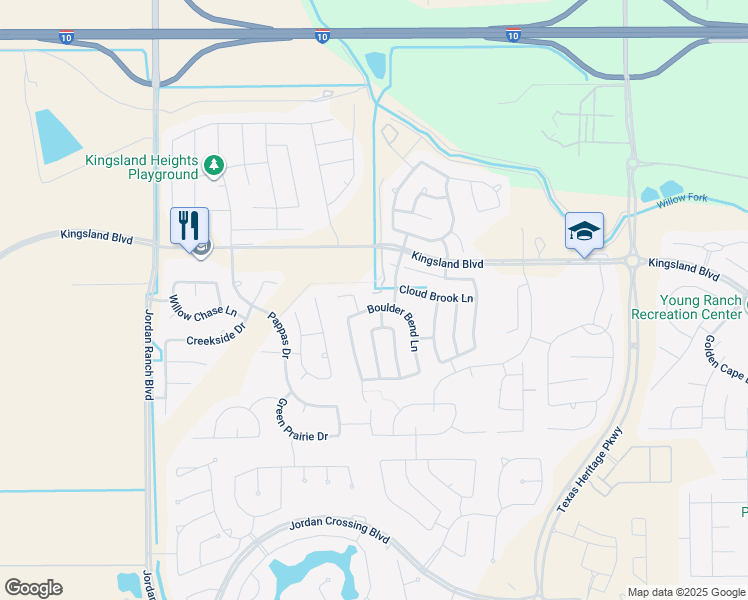 map of restaurants, bars, coffee shops, grocery stores, and more near 10004 Boulder Bend Lane in Brookshire
