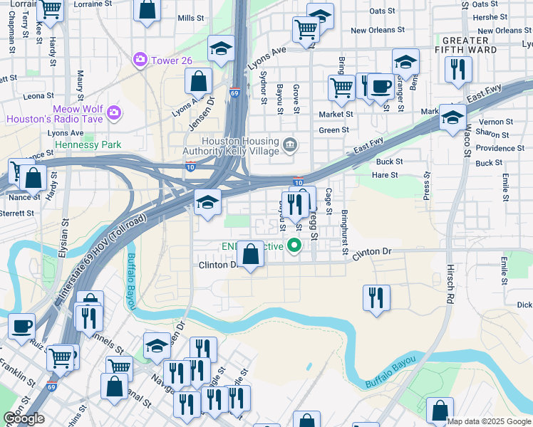 map of restaurants, bars, coffee shops, grocery stores, and more near 602 Sydnor Street in Houston