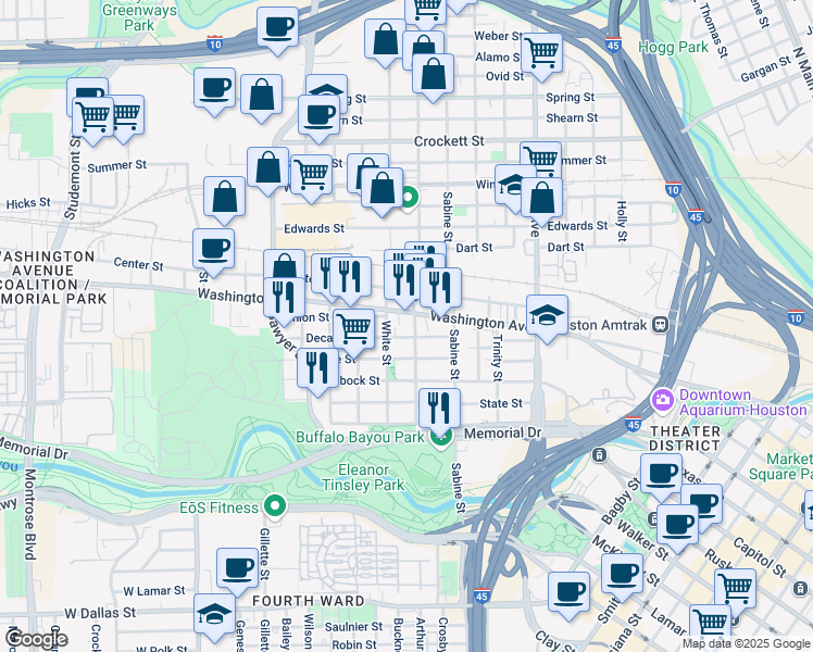 map of restaurants, bars, coffee shops, grocery stores, and more near 1907 Washington Avenue in Houston