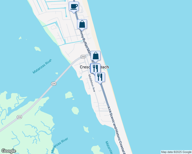 map of restaurants, bars, coffee shops, grocery stores, and more near 6975 A1A South in St. Augustine