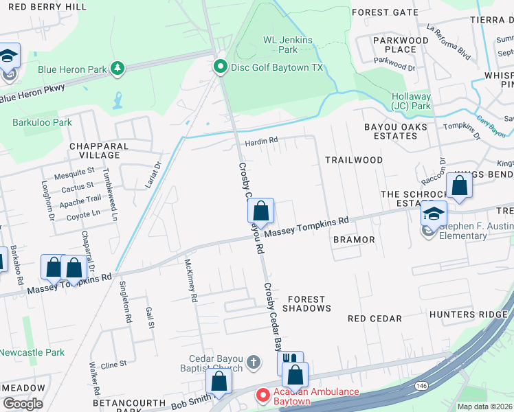 map of restaurants, bars, coffee shops, grocery stores, and more near 3900 Crosby Cedar Bayou Road in Baytown