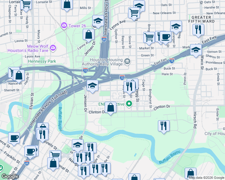 map of restaurants, bars, coffee shops, grocery stores, and more near 602 Sydnor Street in Houston