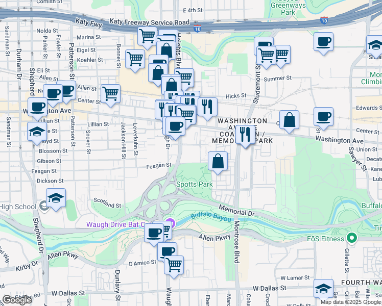 map of restaurants, bars, coffee shops, grocery stores, and more near 225 South Heights Boulevard in Houston