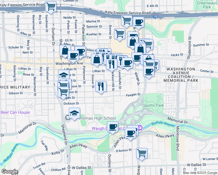 map of restaurants, bars, coffee shops, grocery stores, and more near 4115 Blossom Street in Houston