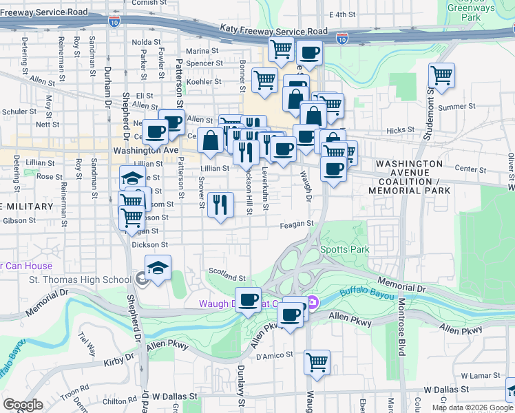 map of restaurants, bars, coffee shops, grocery stores, and more near 4017 Blossom Street in Houston