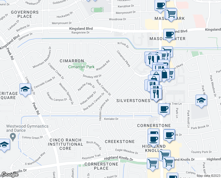 map of restaurants, bars, coffee shops, grocery stores, and more near 931 Red Rock Canyon Drive in Katy
