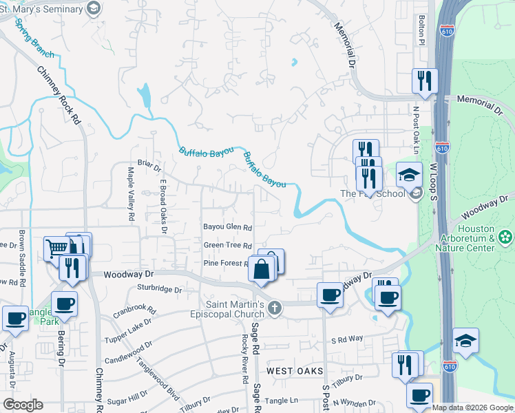 map of restaurants, bars, coffee shops, grocery stores, and more near 221 Sage Road in Houston