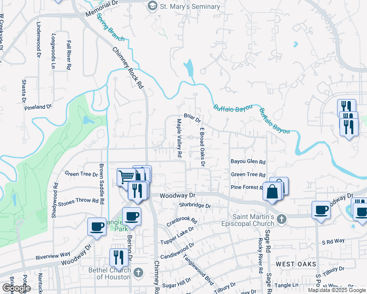 map of restaurants, bars, coffee shops, grocery stores, and more near 283 Maple Valley Road in Houston