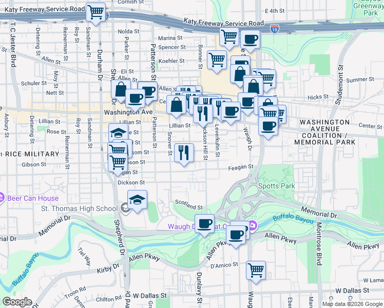 map of restaurants, bars, coffee shops, grocery stores, and more near 4115 Blossom Street in Houston
