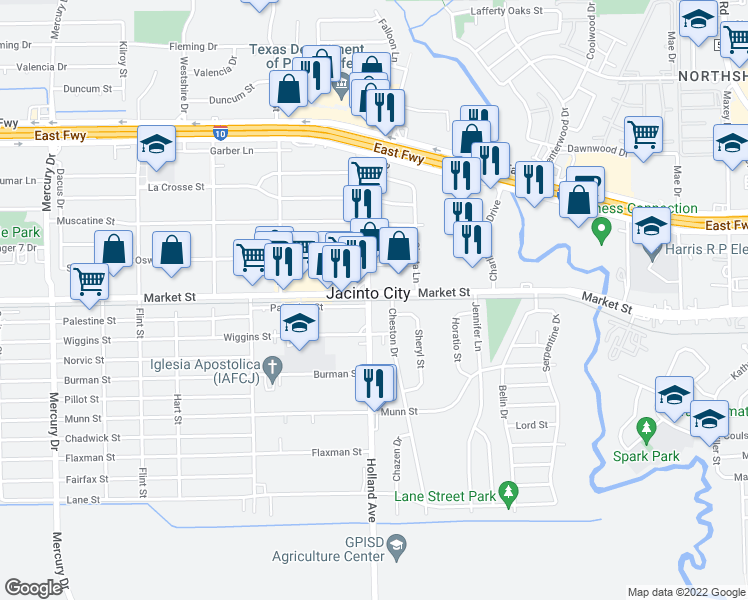 map of restaurants, bars, coffee shops, grocery stores, and more near 1333 Market Street in Jacinto City