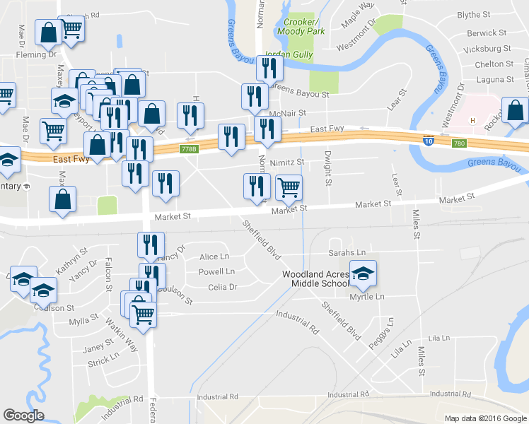 map of restaurants, bars, coffee shops, grocery stores, and more near Market Street Rd & Normandy St in Houston