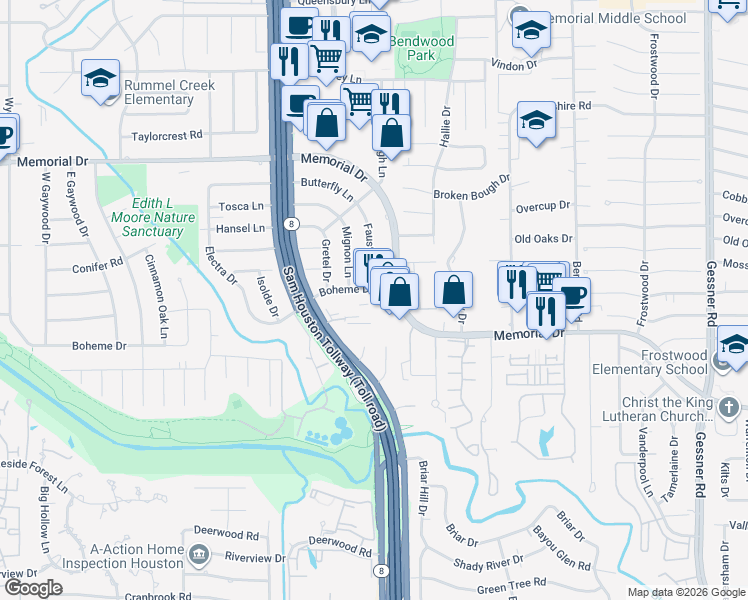 map of restaurants, bars, coffee shops, grocery stores, and more near 12665 Memorial Drive in Houston