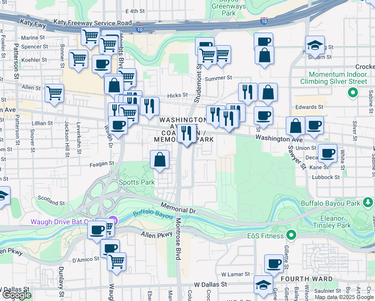 map of restaurants, bars, coffee shops, grocery stores, and more near 802 Memorial Heights Drive in Houston