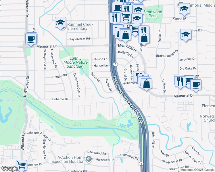 map of restaurants, bars, coffee shops, grocery stores, and more near 415 Isolde Drive in Houston