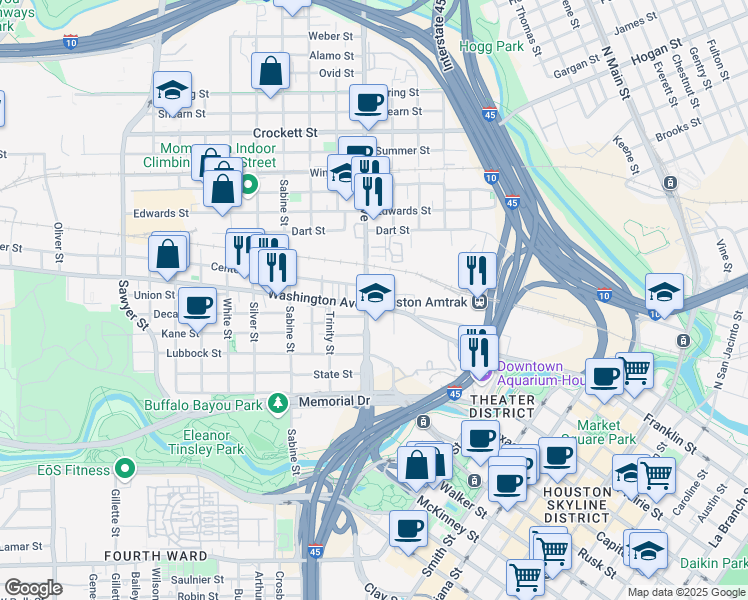 map of restaurants, bars, coffee shops, grocery stores, and more near 1316b Hickory Street in Houston