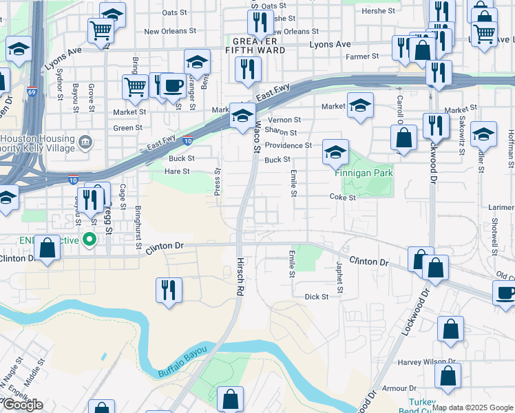 map of restaurants, bars, coffee shops, grocery stores, and more near 508 Waco Street in Houston
