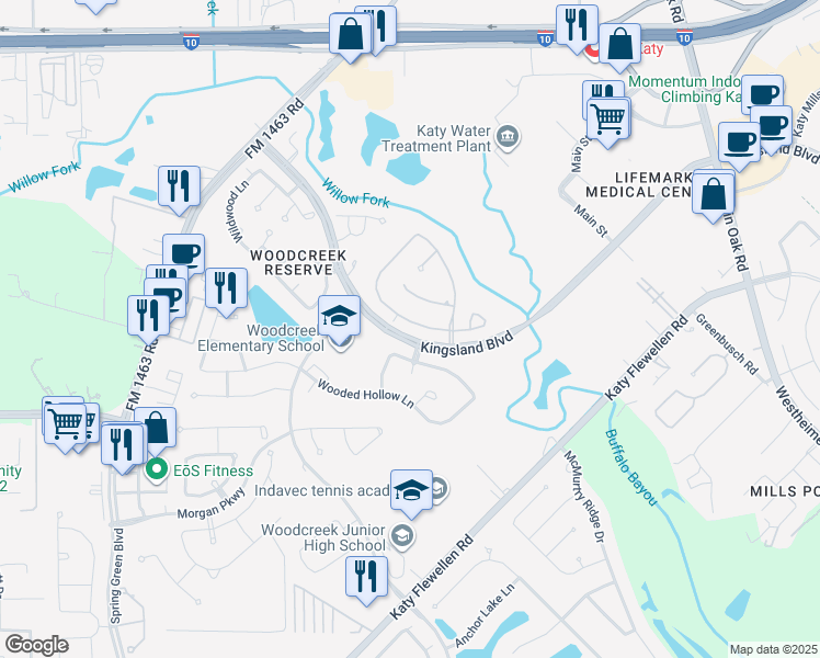 map of restaurants, bars, coffee shops, grocery stores, and more near 26207 Kingsgate Ln in Katy