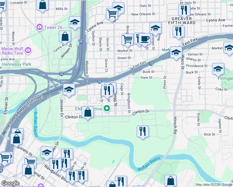 map of restaurants, bars, coffee shops, grocery stores, and more near 602 Gregg Street in Houston