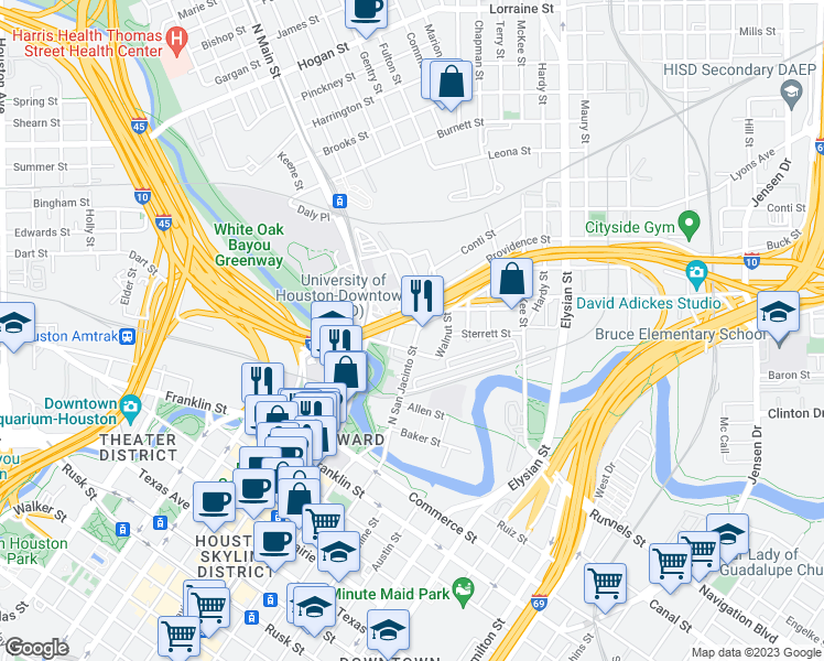 map of restaurants, bars, coffee shops, grocery stores, and more near 1021 North San Jacinto Street in Houston