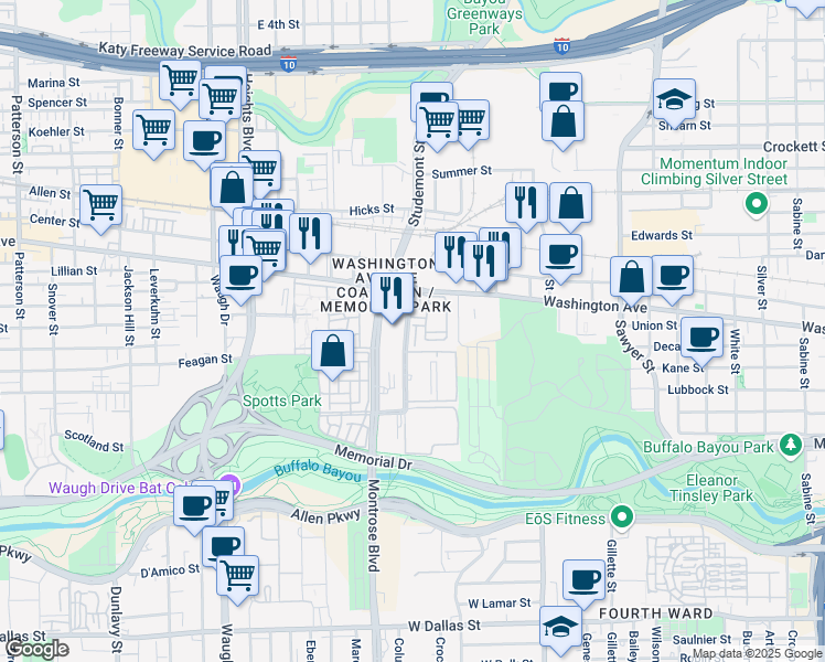 map of restaurants, bars, coffee shops, grocery stores, and more near 802 Memorial Heights Drive in Houston