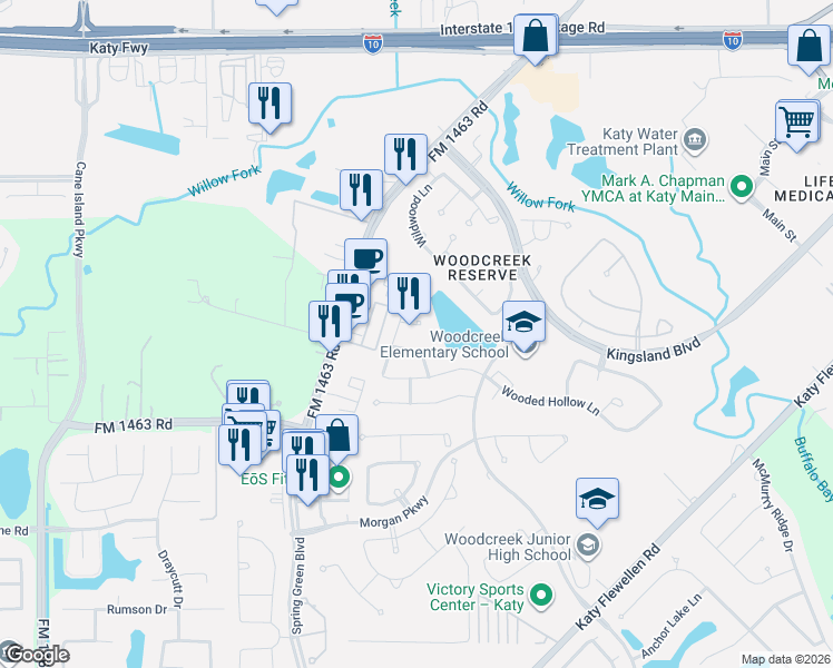 map of restaurants, bars, coffee shops, grocery stores, and more near 26507 Reflection Sky Court in Katy