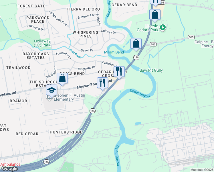 map of restaurants, bars, coffee shops, grocery stores, and more near 4619 Texas 146 in Baytown