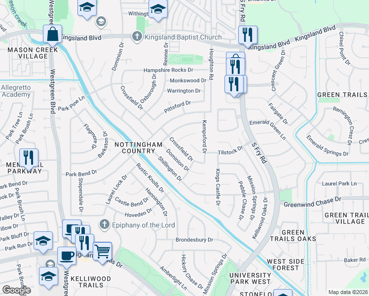 map of restaurants, bars, coffee shops, grocery stores, and more near 1315 Crossfield Drive in Katy