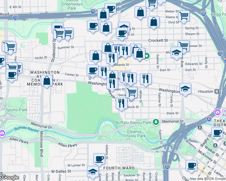 map of restaurants, bars, coffee shops, grocery stores, and more near 2313 Union Street in Houston