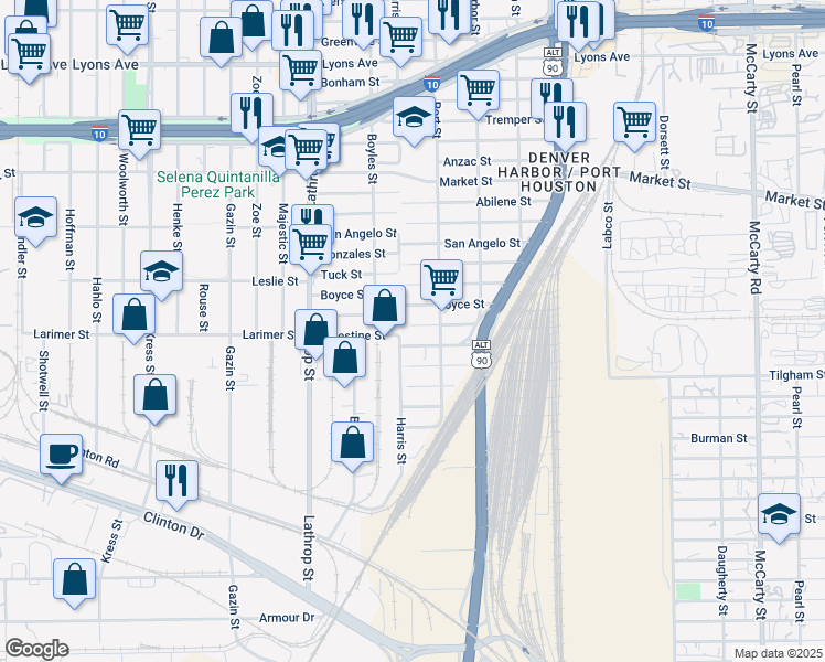map of restaurants, bars, coffee shops, grocery stores, and more near 7232 Corsicana Street in Houston
