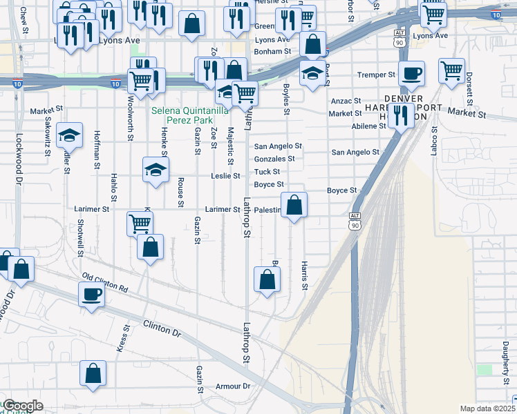 map of restaurants, bars, coffee shops, grocery stores, and more near 1143 Lathrop Street in Houston